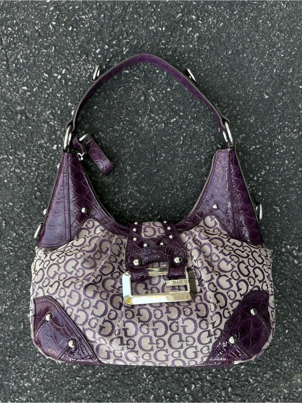 GUESS Vintage Y2K Hobo Baguette Monogram Purple Shoulder Bag Rare 2000s USA Cute